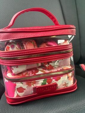 Ted Baker Pink Floral Clear Cosmetic Bag 4 Piece Set